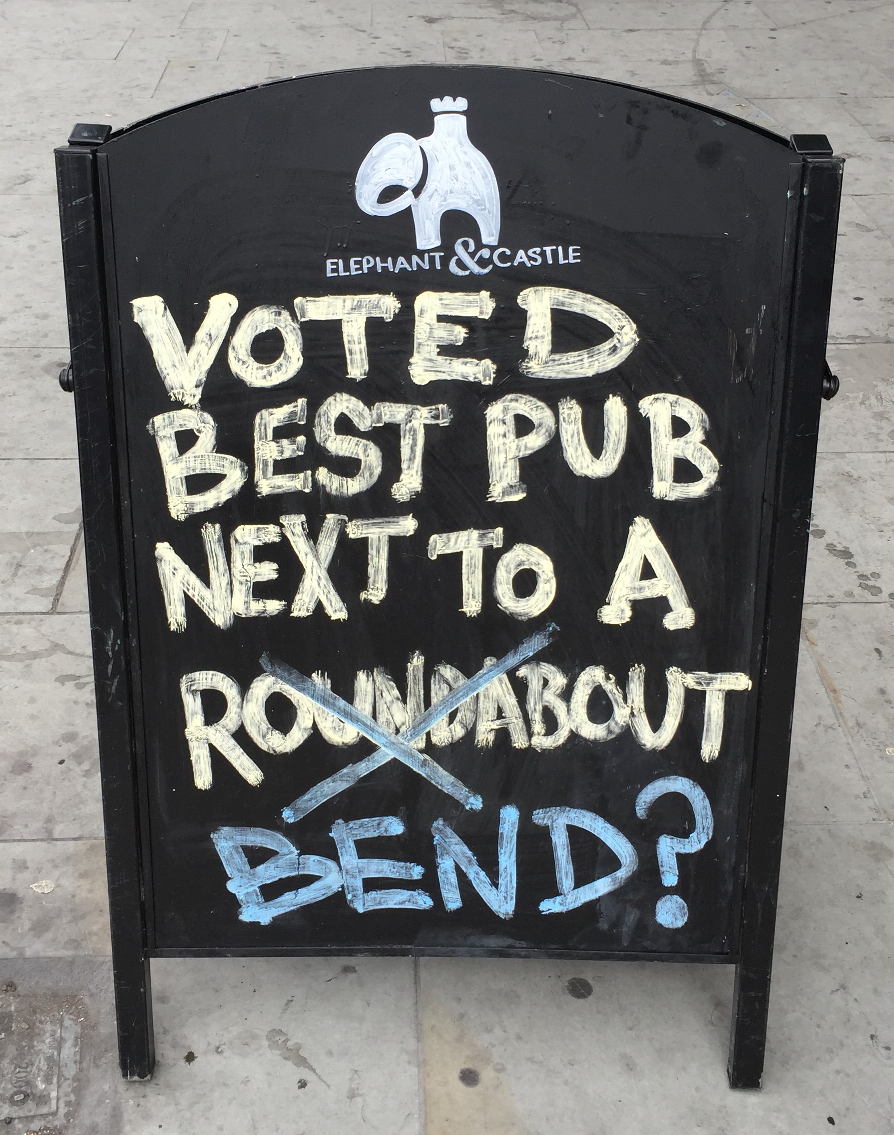 Voted best pub next to a bend sign at The Elephant & Castle pub - kenningtonrunoff.com