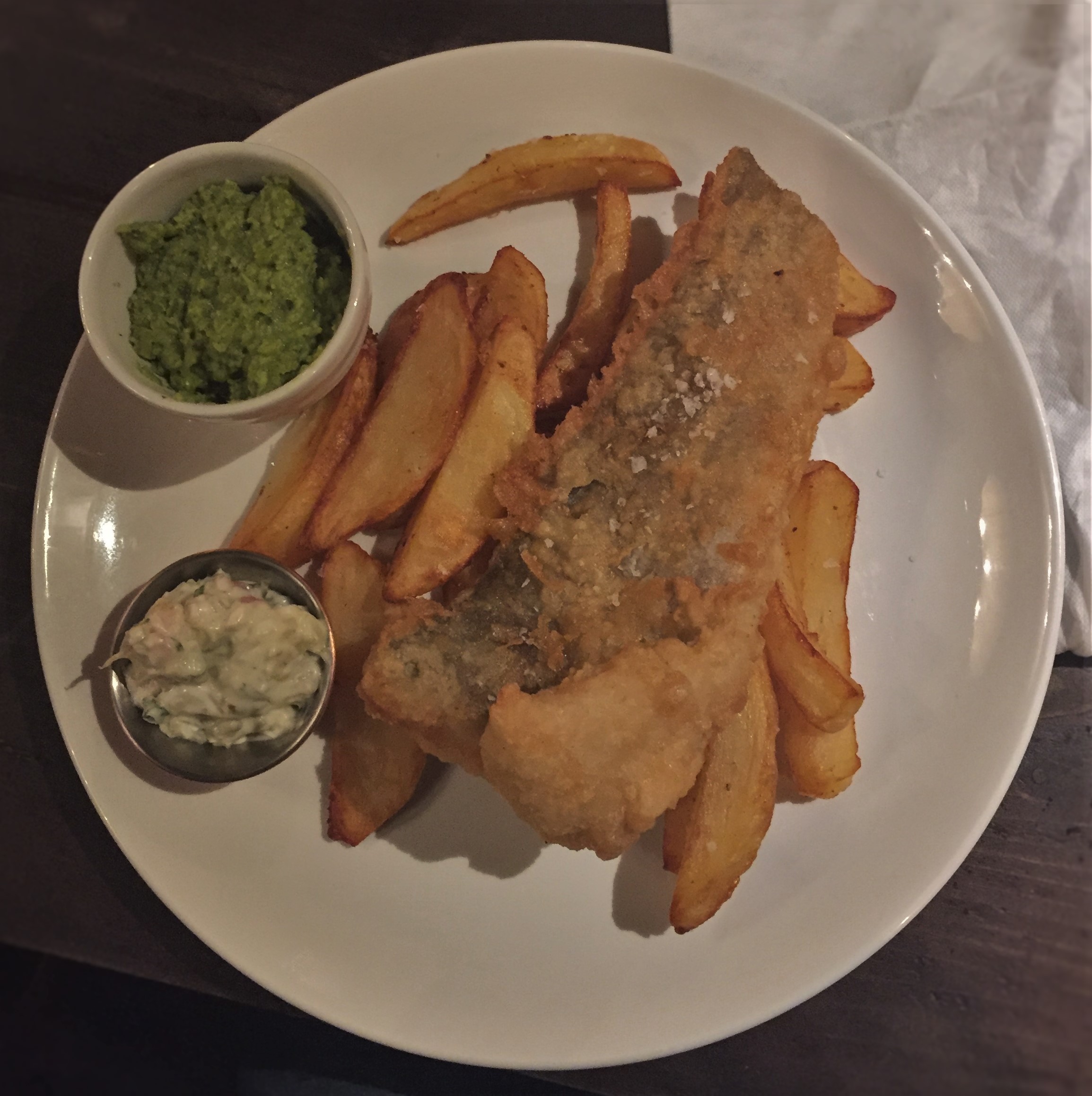 Ale battered cod, chips, mushy peas, tartare sauce at the White Bear - kenningtonrunoff.com