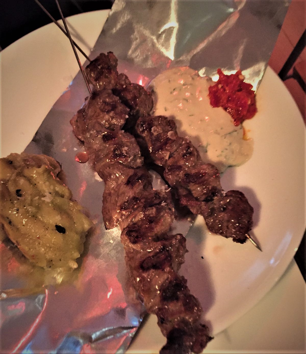 Bavette skewers, smoked aubergine and green tahini at Louie Louie - kenningtonrunoff.com