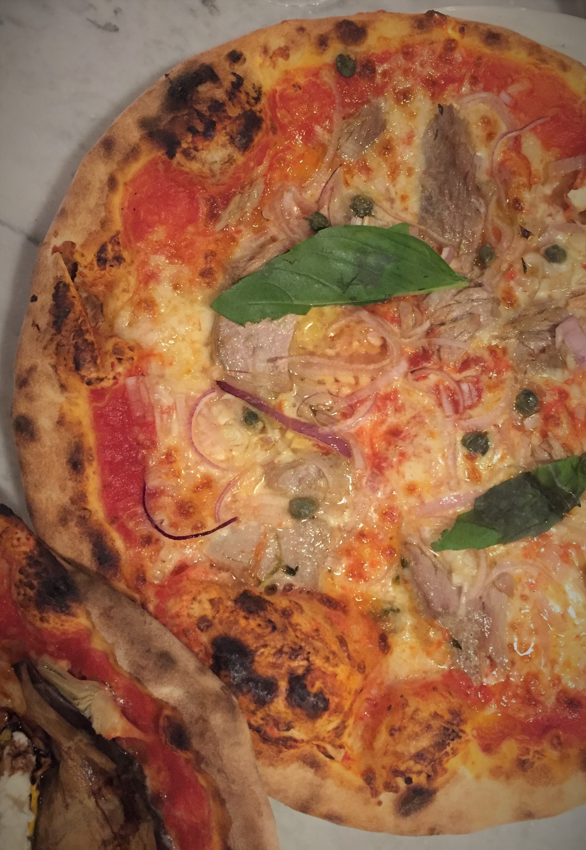 Pizza Tonno with tomato, tuna, red onions, capers, oregano at Counter Termini - kenningtonrunoff.com