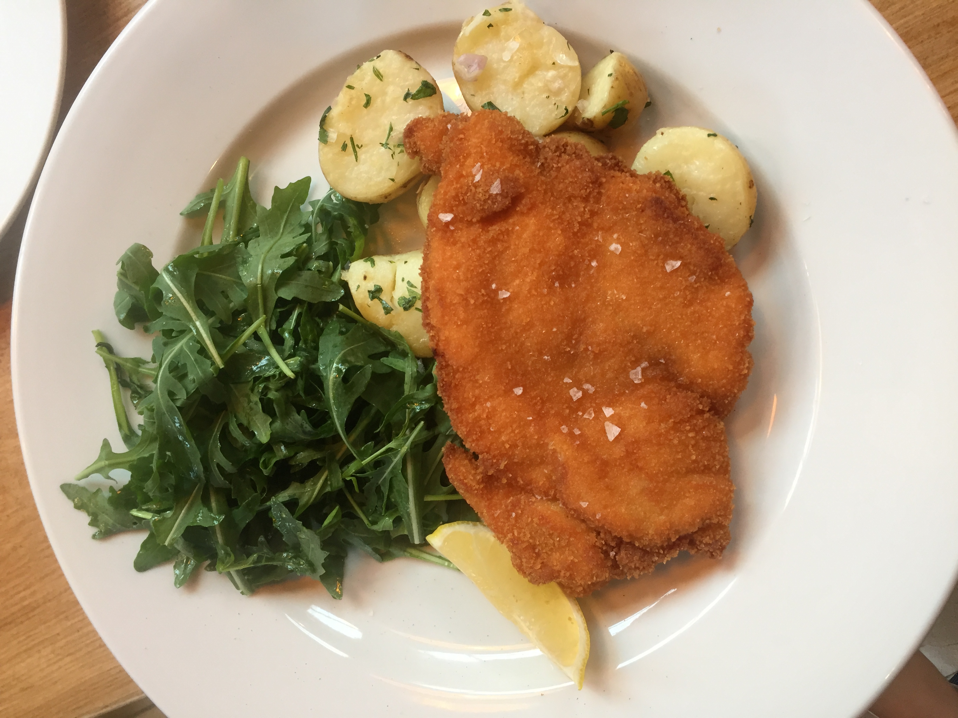 Chicken schnitzel, buttered new potatoes and rocket salad at The Tankard - kenningtonrunoff.com