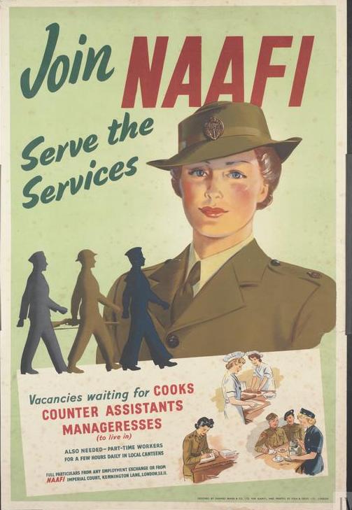Join the NAAFI - Serve the Services (Art.IWM PST 0764) whole: the image is positioned in the upper three-quarters, with three smaller images located in the lower right. The title is partially integrated and placed in the upper third, in green and in red. The text is separate and located in the lower quarter, in green and in red. The smaller images and text are held within a white inset. All set against a light green background. image: a shoulder-lengt... Copyright: � IWM. Original Source: http://www.iwm.org.uk/collections/item/object/23806